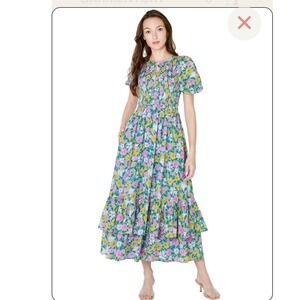 Banjanan Quant Floral Ruffle Maxi Dress Short Sleeve‎ Size Medium